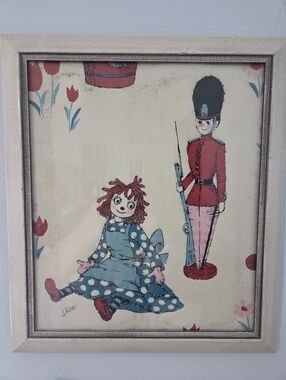 Vintage Illustrated Rag Doll & Toy Soldier Wall Art With Beading- Wooden Frame